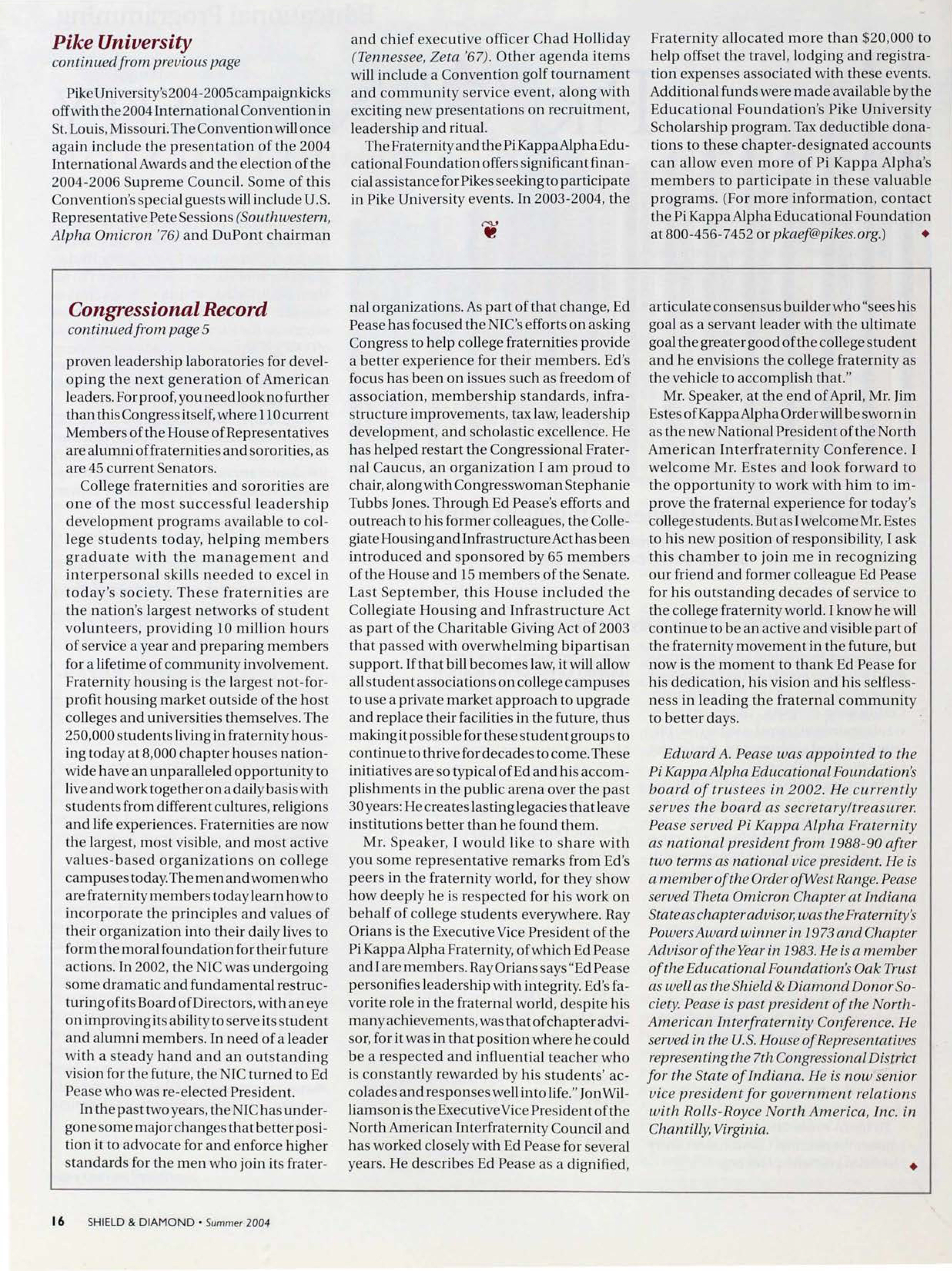 Update: Edward A. Pease Honored in Congressional Record, Continued